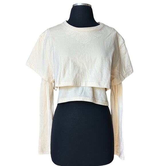 Honor The Gift Double Layer Long Sleeve Cotton Crop T-Shirt in Bone NEW Size L - Picture 1 of 16